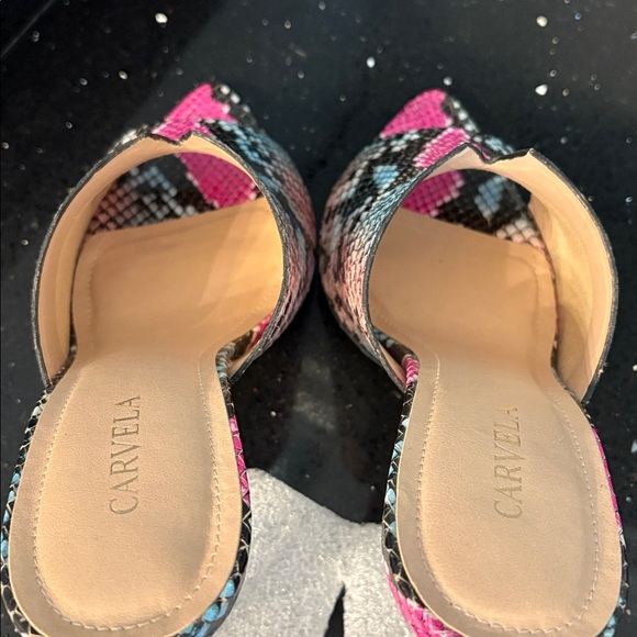 *Carvela Pink Turquoise Black Leather Snakeskin Stiletto Open Toe Heels Slides - Picture 3 of 9